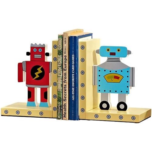 a Pair of Wooden Red and Blue Robot Bookends, Children's Room Decor.