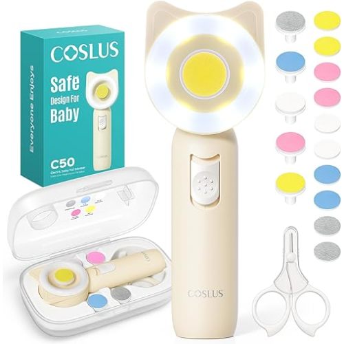 COSLUS C50 Baby Nail File Electric: Gentle Baby Nail trimmer with Quiet Design & 360° Light - Safe for Trim, 16 in 1 Cute Baby Nail Kit for Newborn Infant Kid Fingernail, Yellow