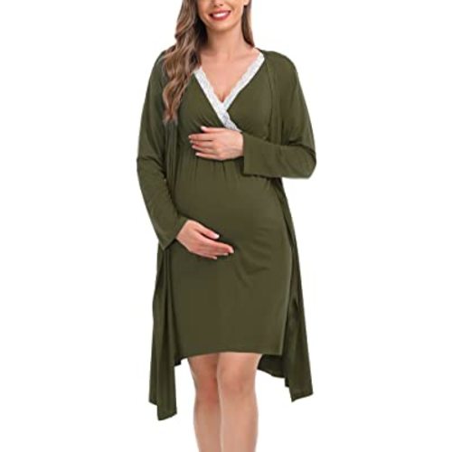 SWOMOG Maternity Robe Nursing Nightgown 3 in 1 Labor Delivery Birthing Gown for Hospital Breastfeeding Bathrobes Lace Dress
