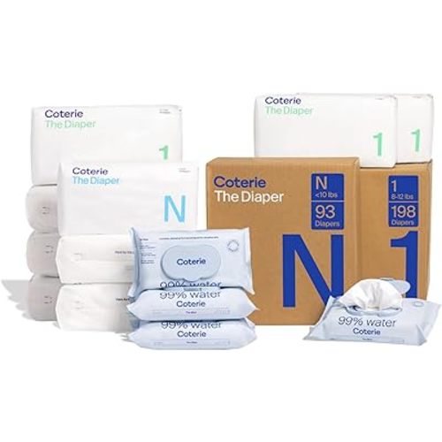 Coterie Baby Wipes + Diapers Kit, Size 1 (198 Count) & Size Newborn Diapers (93 Count), 4 Pack (224) Wipes with 99% Water, Plant Based Materials, Hypoallergenic for Sensitive Skin, Baby Essentials