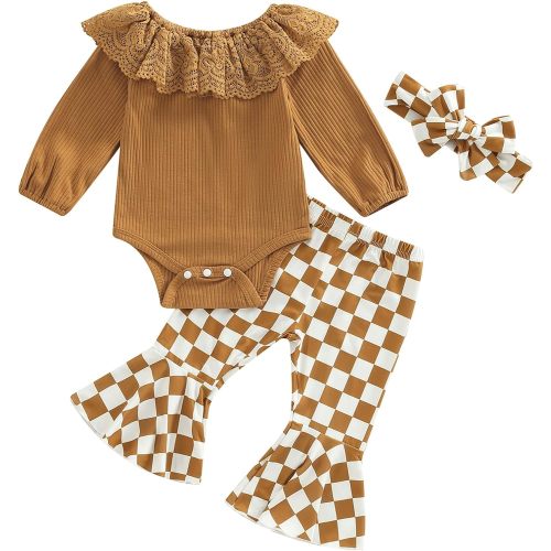 Newborn Baby Girl Clothes Infant Rib Frill Long Sleeve Romper Floral Flared Pants Headband 3pcs Fall Winter Outfits - 3-6 Months - Checkerboard-brown
