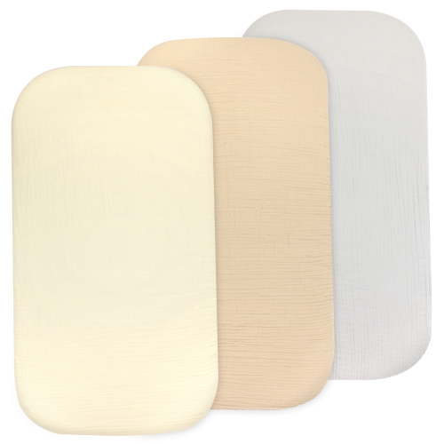 3 Pack Muslin Bedside Sleeper Bassinet Fitted Sheets, Organic Cotton, 33x20x4 Inches, Compatible with Pads Size Between 17-21 in Width, 29-33 in Length, and 1.5-4 in Thick