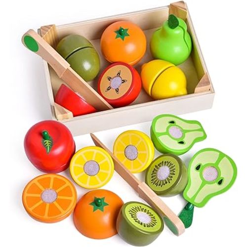Wooden Cutting Play Food Toys - 11 PCS Wood Pretend Cutting Play Food Educational Set for Toddlers 1-3, Veggie Slicers Playset, Toys Food and Fruits with Storage Case for Christmas Birthday Gifts
