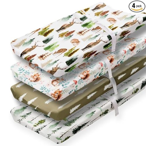 4 Pack Changing Pad Covers Woodland Forest Animals Wood Neutral Unisex Fitted Baby Changing Pad Cover Set for Baby Boys or Girls (Cartoon Fox)