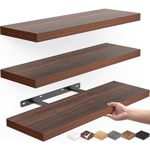 BAYKA Floating Shelves for Wall, Wall Mounted Rustic Wood Shelves for Bathroom, Bedroom, Living Room, Kitchen,Small Hanging Shelf for Books/Storage/Room Decor (Walnut-Like, Set of 3, 15.7in)
