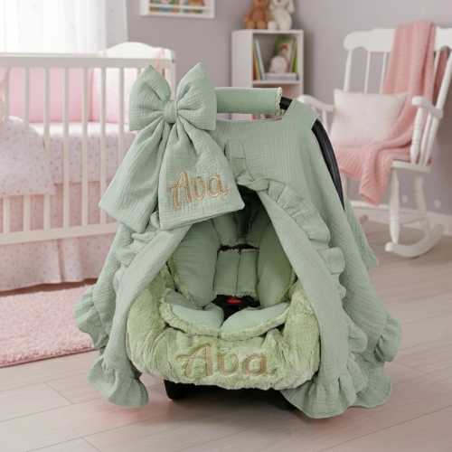 Personalized Green Muslin Baby Car Seat 6pc Set - Embroidered Bow and Minky Liner - Breathable Summer Canopy - Head & Body Support Insert