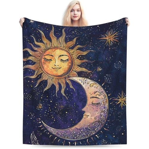 Celestial Sun and Moon Blanket for Women – Soft Cozy Flannel Throw with Boho Astrology Design – Galaxy Celestial Decor for Bed, Couch, or Meditation 60"x50"