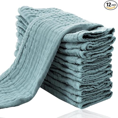 Cute Castle 12 Pack Muslin Burp Cloths for Baby - Ultra-Soft 100% Cotton Baby Washcloths - Large 20'' by 10'' Super Absorbent Milk Spit Up Rags - Burpy Cloths for Unisex, Boy, Girl - Dark Green