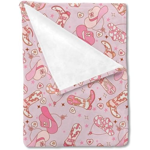 Western Cowgirl Yee Haw Hat Boots Baby Blanket for Girls Gift, Pink Cow Lover Star Wild West Flannel Fleece Nursery Bed Blankets, Soft Warm Lightweight Newborn Infant Toddler Kids Crib Bedding 30 x 40