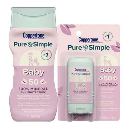 Coppertone Pure And Simple Baby Sunscreen Lotion Spf 50, Broad Spectrum Sunscreen For Baby, 6 Fl Oz Bottle And Pure And Simple Baby Sunscreen Stick, 0.49 Oz.