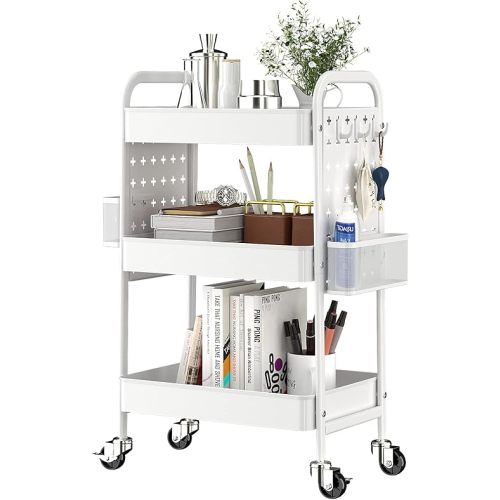 TOOLF 3-Tier Rolling Cart, Metal Utility Storage Cart with DIY Pegboards, Art Craft Trolley with Baskets Hooks, Serving Organizer Easy Assemble for Office, Home, Kitchen, Classroom (White)
