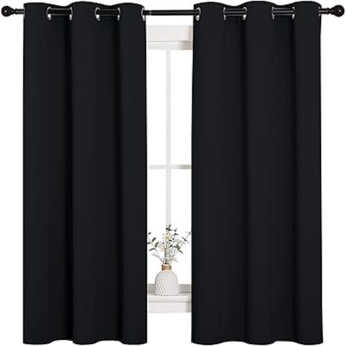 NICETOWN Halloween Pitch Black Solid Thermal Insulated Grommet Blackout Curtains/Drapes for Bedroom Window (2 Panels, 42 inches Wide by 63 inches Long, Black)