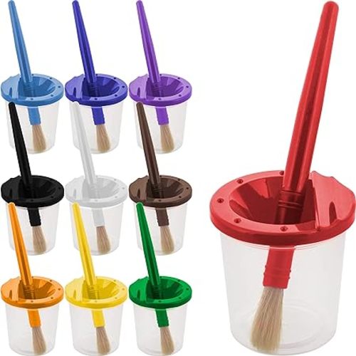 U.S. Art Supply 10 Piece Children's No Spill Paint Cups with Colored Lids and 10 Piece Large Round Brush Set with Plastic Handles - No Spill Cups