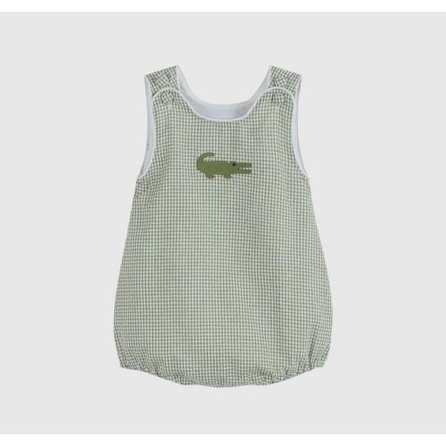 Baby Boys Green Gingham Embroidered Alligator Bubble Romper