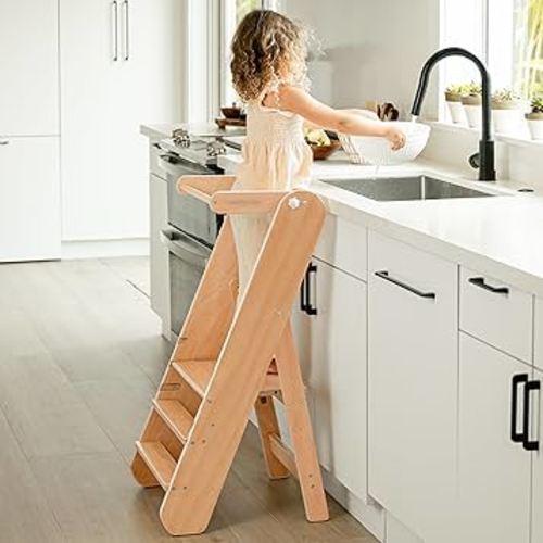 Comfy Cubs Kids Step Stool for Ages 3+, 3 Height Adjustable Toddler Tower, Montessori Furniture Designed in The US - Toddler Standing Tower for Kitchen Sink & Bathroom Access - Natural Wood