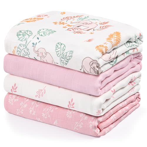 GLLQUEN BABY Muslin Swaddle Blankets 4-Pack Breathable Receiving Blankets (35" x 40") Soft Baby Blankets for Girls and Boys Newborn Essentials Muslin Burp Cloths Swaddle Wrap Baby Gift(Pink Elephant)