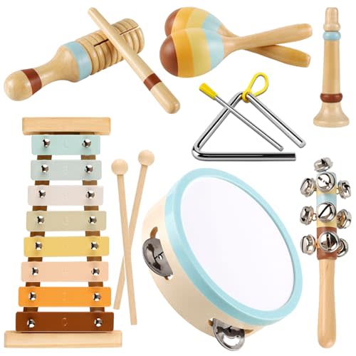 LOOIKOOS Toddler Musical Instruments Toys, Wooden Percussion Instruments Set for Kids Baby with Xylophone, Preschool Educational Musical Toys for Boys and Girls with Storage Bag(12pcs)