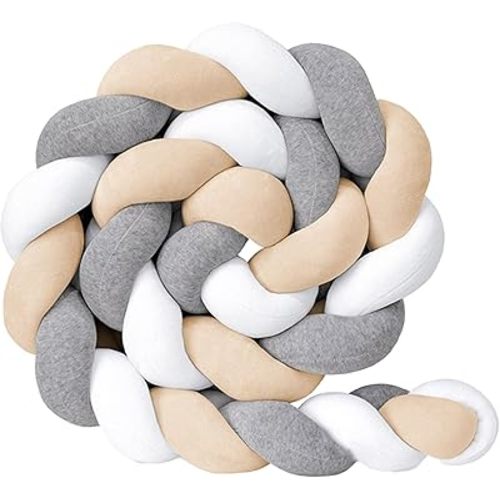 Braided Nursery Crib Decor - 118 Inch Knotted Cotton Bed Accent, Neutral Gray/Beige/White Interchangeable Nursery Pillow Wrap (Beige, 78.74inch)