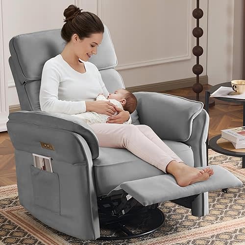 MELLCOM Power Recliner Rocking Chair Nursery Gliders with Adjustable Armrests and Headrest, Swivel Electric Glider Reclining Nursing Chair with USB Port and Storage Bags, FSC Certified