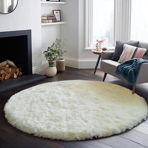 PAGISOFE Cream White Round Area Rugs, Circle Rugs 6Ft, Small Fluffy Shaggy Carpets, Rugs for Girls Boys Baby Kids Bedroom, Furry Comfy Teepee Mats, Circular Rug for Reading Nook Nursery Room