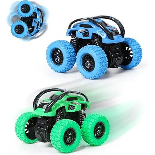 2 Pack Car Toys for 3 4 5 6 Year Old Boy Girl, Pull Back Cars Toys for Toddler Age 3-6, Monster Trucks Pull Back Vehicles Toy, 360° Rotating Stunt Car Toy for Kids Christmas Birthday Gifts