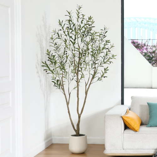 7ft Fake Plastic Olive Tree with Oval White Planter, Pre Potted Faux Greenry Plant for Home Decor Office House Living Room Indoor Outdoor, Big Fake Plants Fake House Plants