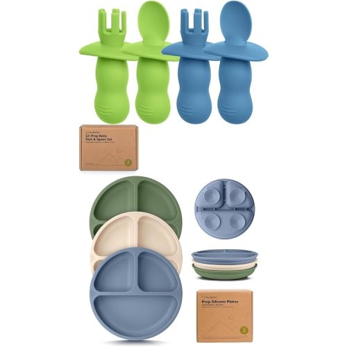 Keababies 4-Pack Silicone Baby Spoons and Forks Set and Suction Plates for Baby, Toddler - Baby Spoon Self Feeding, BLW Baby Utensils - 3-Pack 100% Silicone Divided Baby Plates with Suction