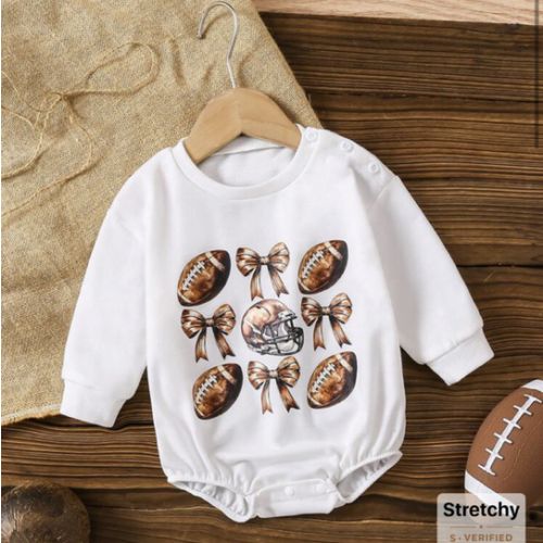Baby Girl Casual Cute Daily All-Match Versatile Football & Bow Design Long Sleeve Loose Fit Comfy Knit Romper, Suitable For Spring & Autumn
