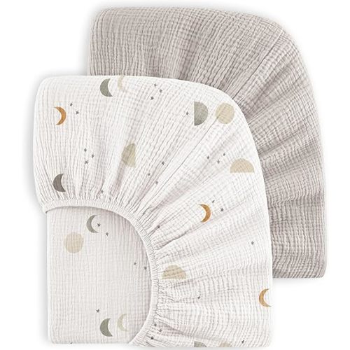 Bearmoss Muslin Crib Sheets - 100% Cotton Baby Crib Sheets Fitted for Standard Crib Mattress & Toddler Bed Mattress 52"x28" Soft Breathable Crib Sheet Neutral for Boys Girls - 2 Pack (Grey Moon)