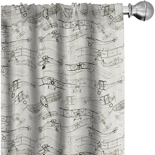 Ambesonne Airplane Window Curtains Pack of 2, Old Fashioned Transportation Hand Drawn Style Vintage Pattern, Lightweight Set with Rod Pocket, 4 Panels of - 28" x 95", Grey Green