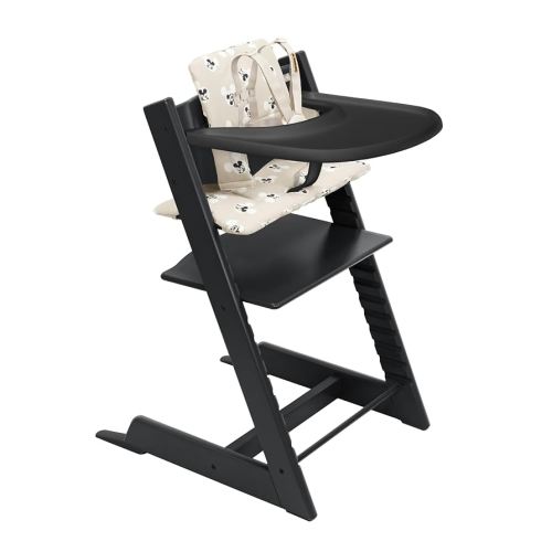 Stokke Tripp Trapp High Chair 2 (Black), Cushion 2 (Mickey Signature) + Stokke Tray (Black) - Includes Chair + Baby Set with Removable Harness for Children 6-36 Months