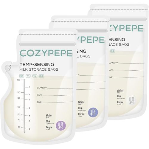 100 Pcs Breastmilk Storage Bags, 8Oz Breast Milk Storing Bag with Pour Spout, Temperature-Sensing Color Change Milk Bag for Convenient Breastfeeding, No Leak Presterilized for Freezer