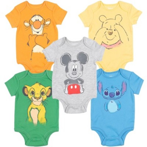 Disney Mickey Mouse Lion King Pooh Bear Tigger Stitch Baby 5 Pack Bodysuits 6-9 Months