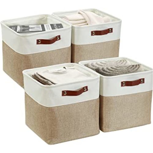 DECOMOMO Storage Cubes, 11x11 Cube Storage Bins, Baskets for Shelves (Beige & White, 4 Pack)