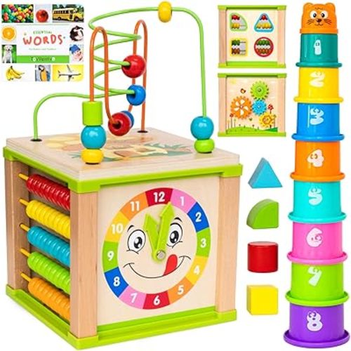 TOYVENTIVE Wooden Activity Cube, Montessori Toys for 1+ Year Old Girl, Multipurpose Educational Sensory Toy for Baby, Toddler, Kid | First Birthday Gift | Bonus First Words Book