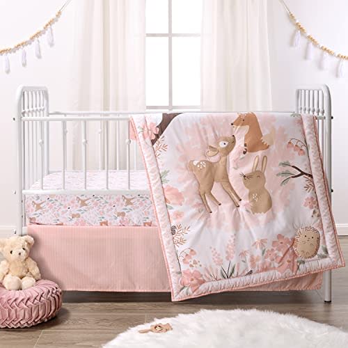 The Peanutshell 3 Piece Baby Crib Bedding Set for Girls - Newborn, Infant & Toddler Nursery Bed Set Decor with Fitted Crib Sheet, Dust Ruffle, Crib Comforter - Fairytale Forest