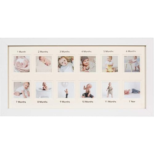WOOD SIDE ORBIS First Year Newborn Baby Collage Keepsake Picture Frame for Photo Memories with Double Beige Mat and Twelve 2.5x2.5 Slots - White