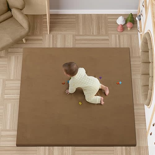 Leather Baby Play Mat - Waterproof & Easy Clean Play Mat for Floor, Soft Thicken Foam Playpen Mat, 50 x 50 IN Kids Play Mat, Easy to install (Morandi Brown)