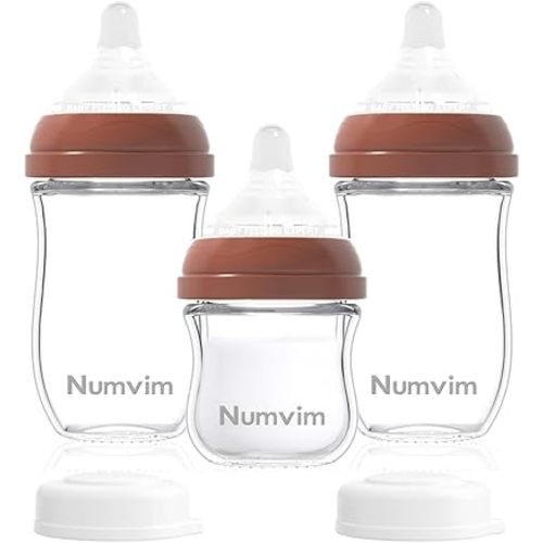 Glass Baby Bottles Gentle Slow Flow, Newborn Breastfeeding Bottle with Anti Colic Nipple for 0 Months Babies, 3 Packs (Brown, 3oz+5oz)