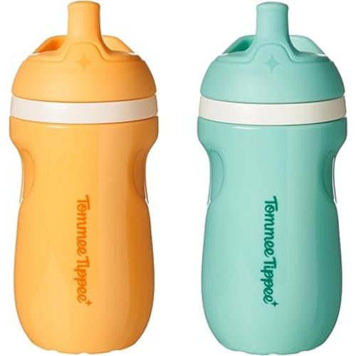 Tommee Tippee Insulated Sporty Bottle, 9oz, No Spill Toddler Water Bottle For 12 months +, Two-Piece Valve Helps Stop Spills, Pack of 2, Light Blue and Orange