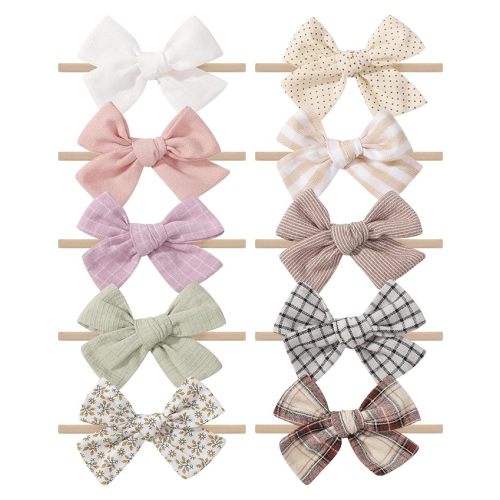 doboi 10PCS Baby Girls Headbands Hair Bows Nylon Cotton Linen Hairbands Fine Handmade Hair Accessories for Newborn Infant Toddlers Little Girls-Solid Plaid Stripe and Flowers