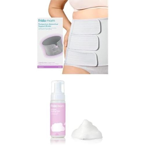 Frida Mom Belly Binder, Adjustable Compression Wrap + Witch Hazel Perineal Healing Foam, Cooling Pain Relief and Hemorrhoid Treatment, Postpartum Recovery Bundle (Pack of 1)