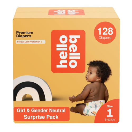 Hello Bello Premium Diapers, Size 1 (8-12 lbs) Surprise Pack for Girls - 128 Count, Hypoallergenic with Soft, Cloth-Like Feel - Assorted Girl & Gender Neutral Patterns