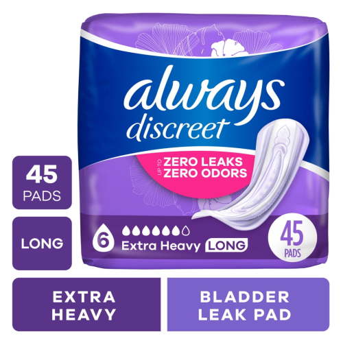Always Discreet Adult Incontinence Pads for Women, Extra Heavy Absorbency, Long Length, Postpartum Pads, 45 Count HSA/FSA Eligible