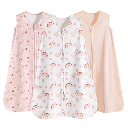 david's kids 3 Pack 100% Cotton Baby Sleep Sack 6-12 Months, Ultra Soft Baby Wearable Blankets with 2-Way Zipper, Comfy Sleeping Bags for Infant Newborn Boys Girls Neutral, Medium Size, Pink Floral
