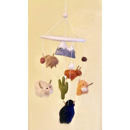 Highland Cow-Cowboy Mobile for Nursery -Handmade Natural Wool Felt-Made in Nepal-Baby Cowboy,Baby Cowgirl,Western Mobile-Longhorn Mobile