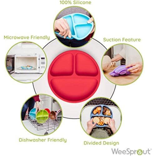 WeeSprout Suction Plates for Babies & Toddlers - 100% Silicone, Plates Stay Put with Suction Feature, Divided Design for Picky Eaters, Microwave & Dishwasher Friendly, 3 Pack