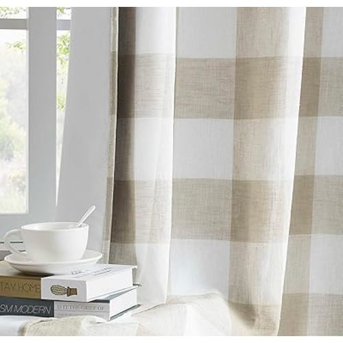 Tan White Buffalo Plaid Full Blackout Curtain Panel 72 Inch,Farmhouse Geo Checkered Drape with Darkening Liners,Grommet Energy Efficient Window Treatment for Bedroom Living Room,40"Wx72"Lx2