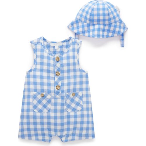 Linen Blend Romper & Sunhat Ocean Gingham - Purebaby Rompers | Maisonette