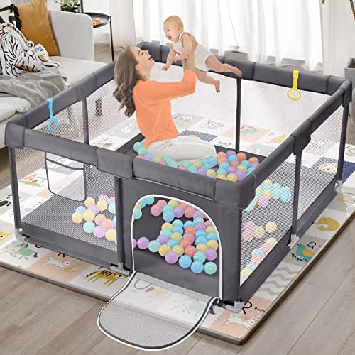 Dripex Playpen for Babies and Toddlers, Safe Anti-Fall Play Yard, Visible Play Pen with Gate, Baby Fence Play Area with Pull-up Ring, Washable Baby Play Yards, Anchor Grey, 50"x50"